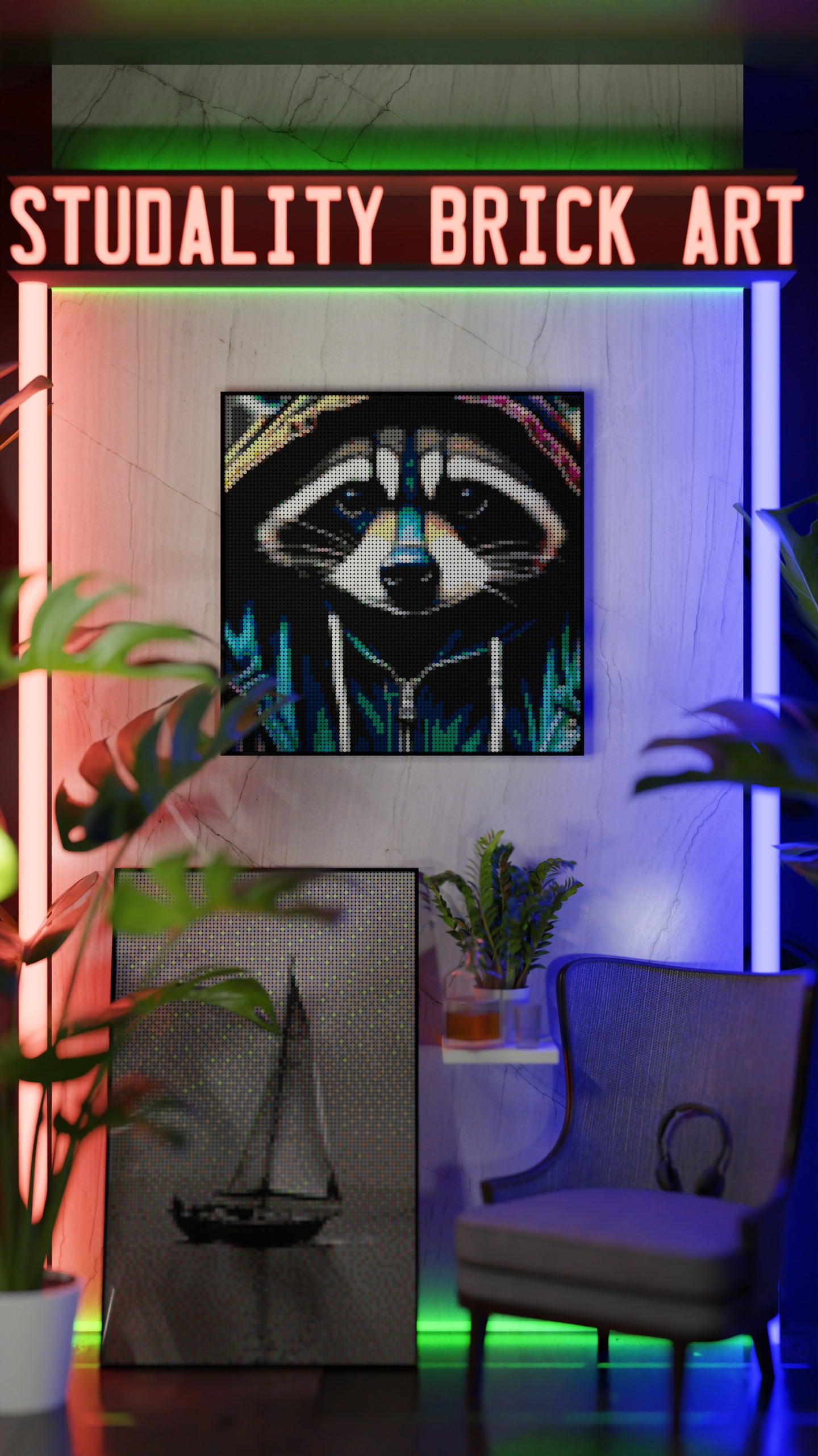 Raccoonaissance LEGO® Style mosaic wall art made from colorful plastic bricks